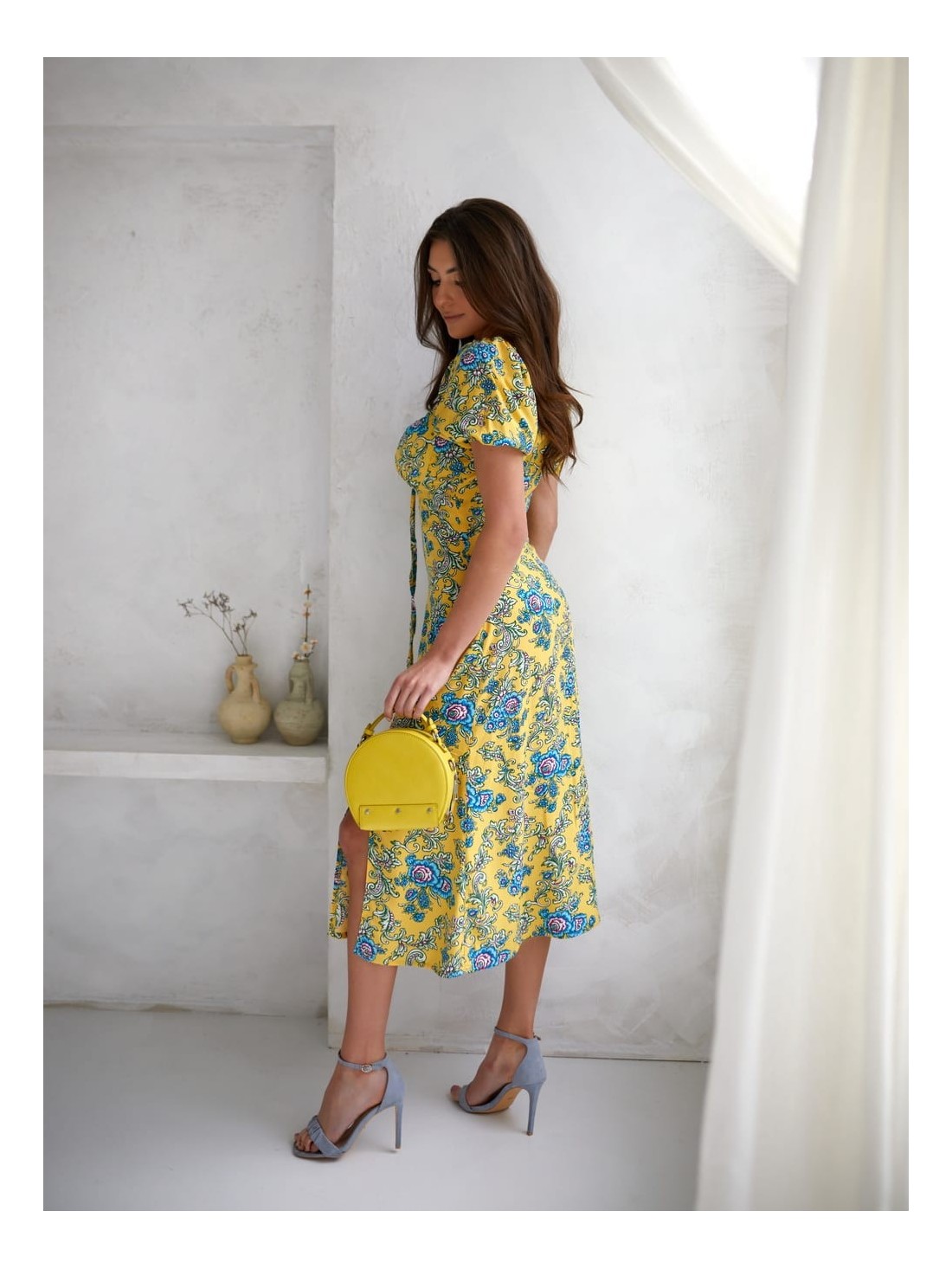 Patterned maxi dress with a tied neckline, yellow 0596 - Online store - Boutique